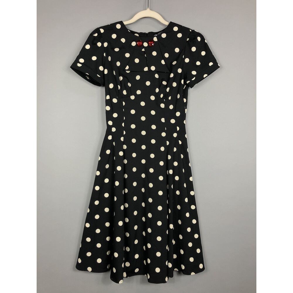 Hell Bunny Vixen Pin Up Polka Dat Dress XS Black Zip Pleated Short Sleeve Flare